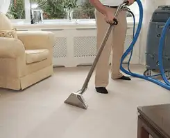 Carpet cleaning professional removing dirt and stains with a hot-water extraction tool in a home, Savannah, GA.